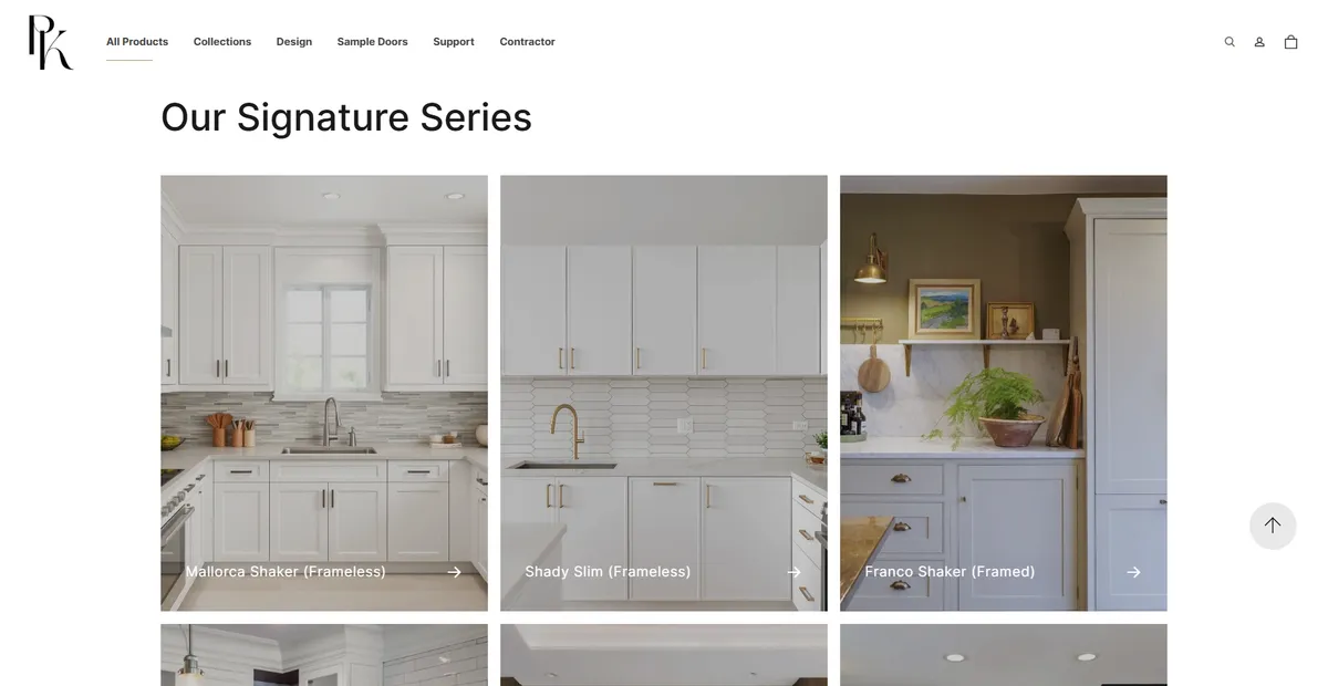 PK Cabinets homepage collections, styled for a homeowner
