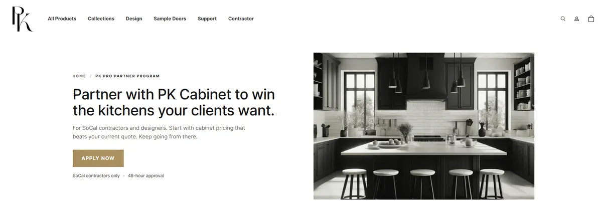 PK Cabinet's own contractor page before the rebuild