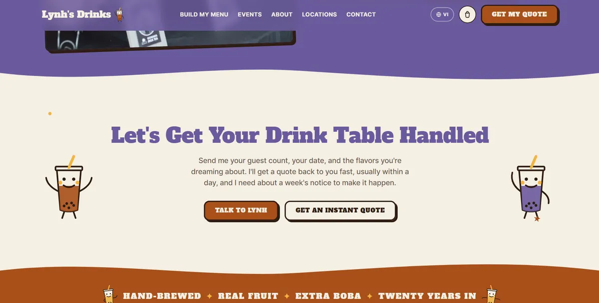 Lynh’s Drinks instant quote section