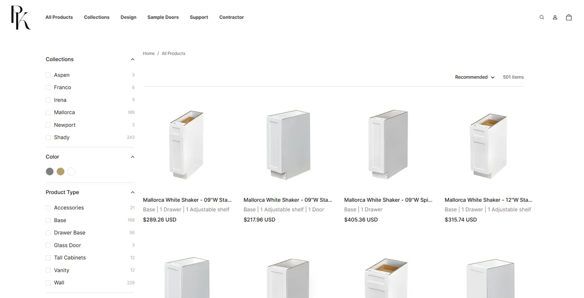 PK Cabinet's catalog before the rebuild, the same for every visitor