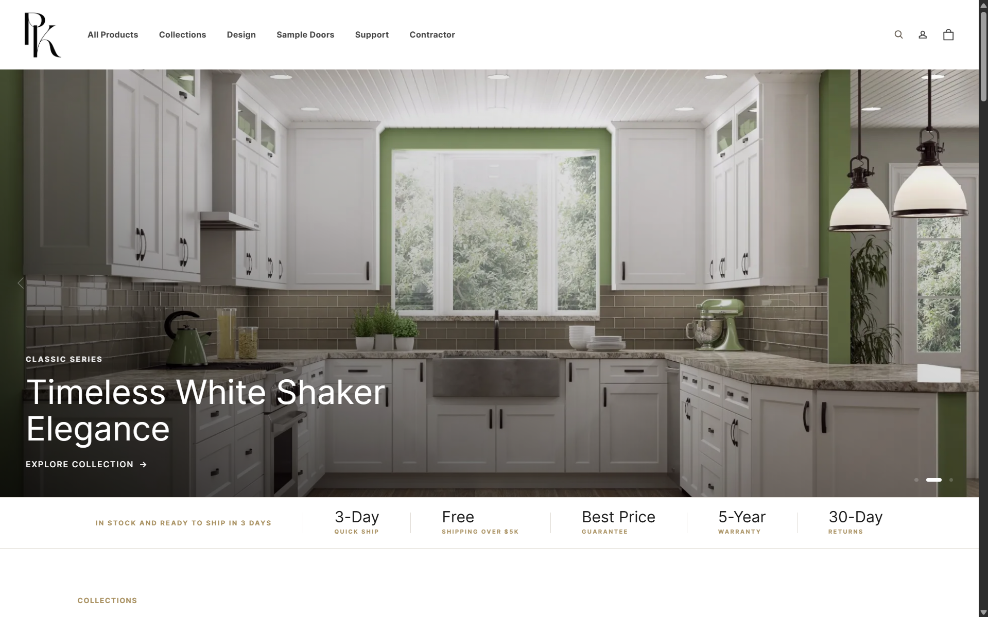 PK Cabinet shipped homepage — Modern Kitchen Luxury hero with Premium Series collection, 3-day ship, best-price guarantee, and 5-year warranty