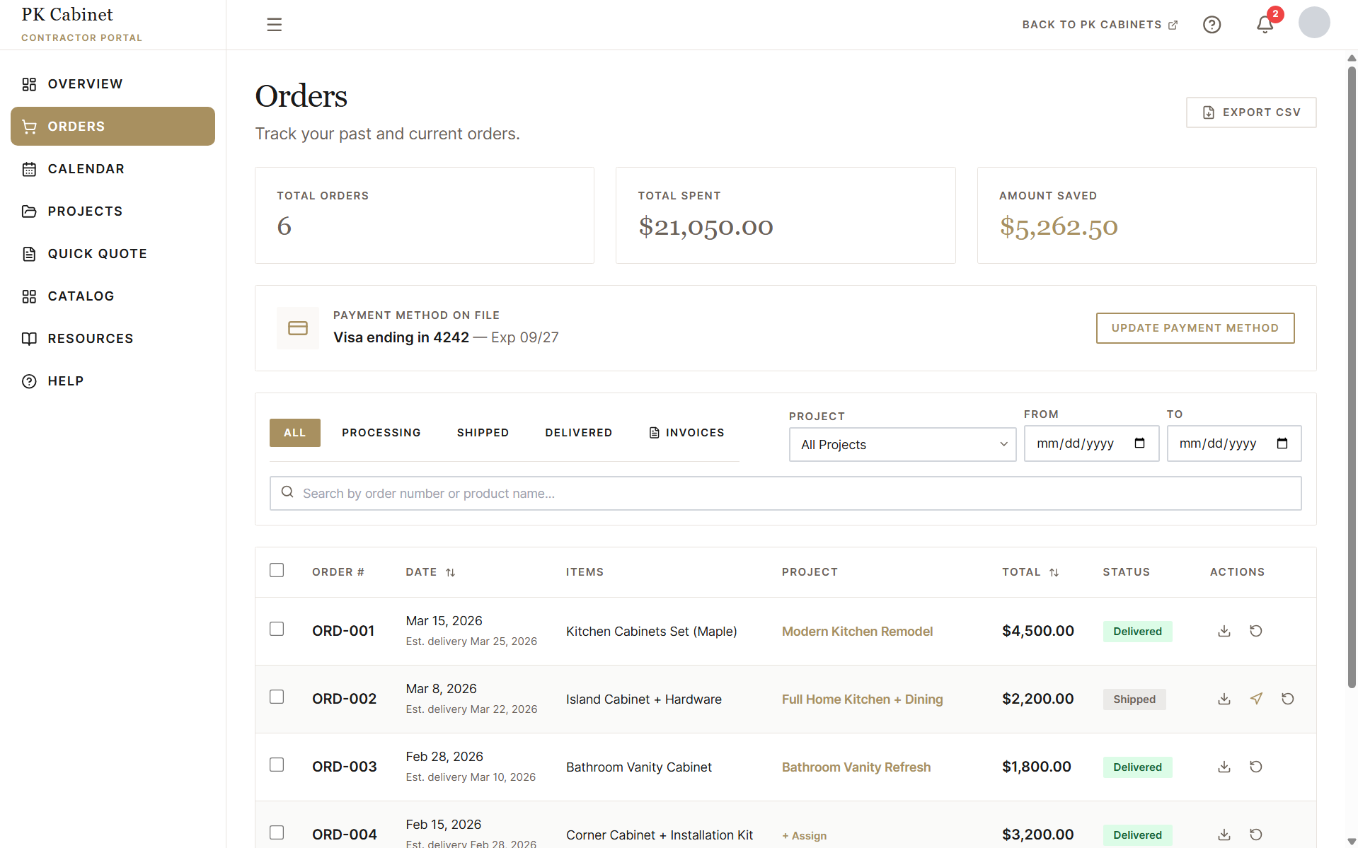 PK Cabinet contractor portal: Orders dashboard with total orders, total spent, amount saved, payment method on file, and a filterable orders table with status and invoice columns