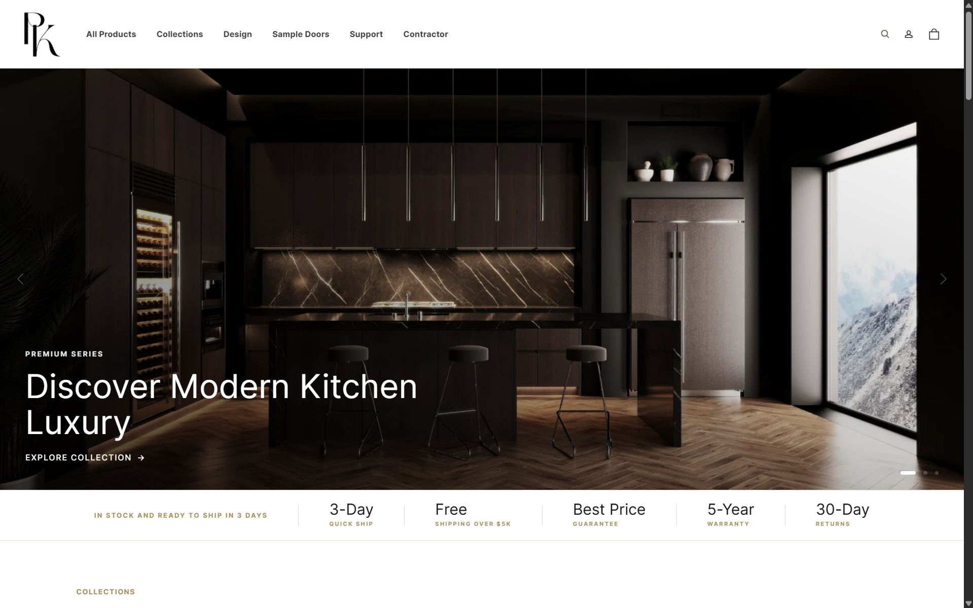 PK Cabinet homepage after rebuild — editorial Modern Kitchen Luxury hero with Premium Series collection, 3-day ship, best-price, 5-year warranty, 30-day return guarantees