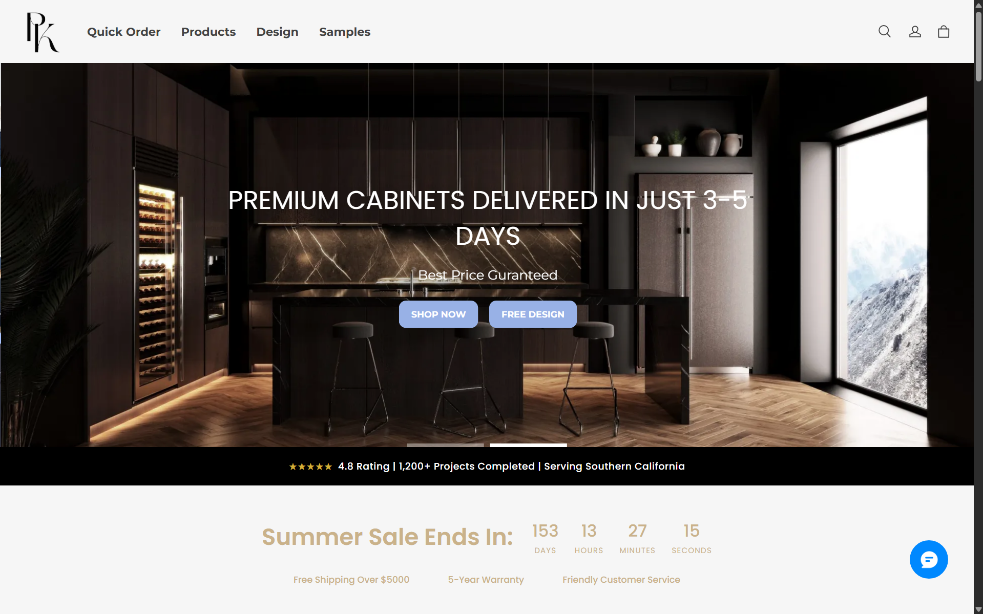 PK Cabinet homepage before rebuild — Premium cabinets banner with Summer Sale countdown and dated layout